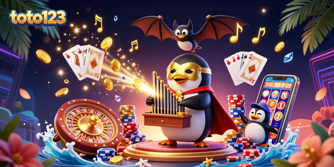 Toto123 winning strategy illustrated with a spectacular 3D casino scene featuring a penguin, acrobat, and vibrant casino elements.