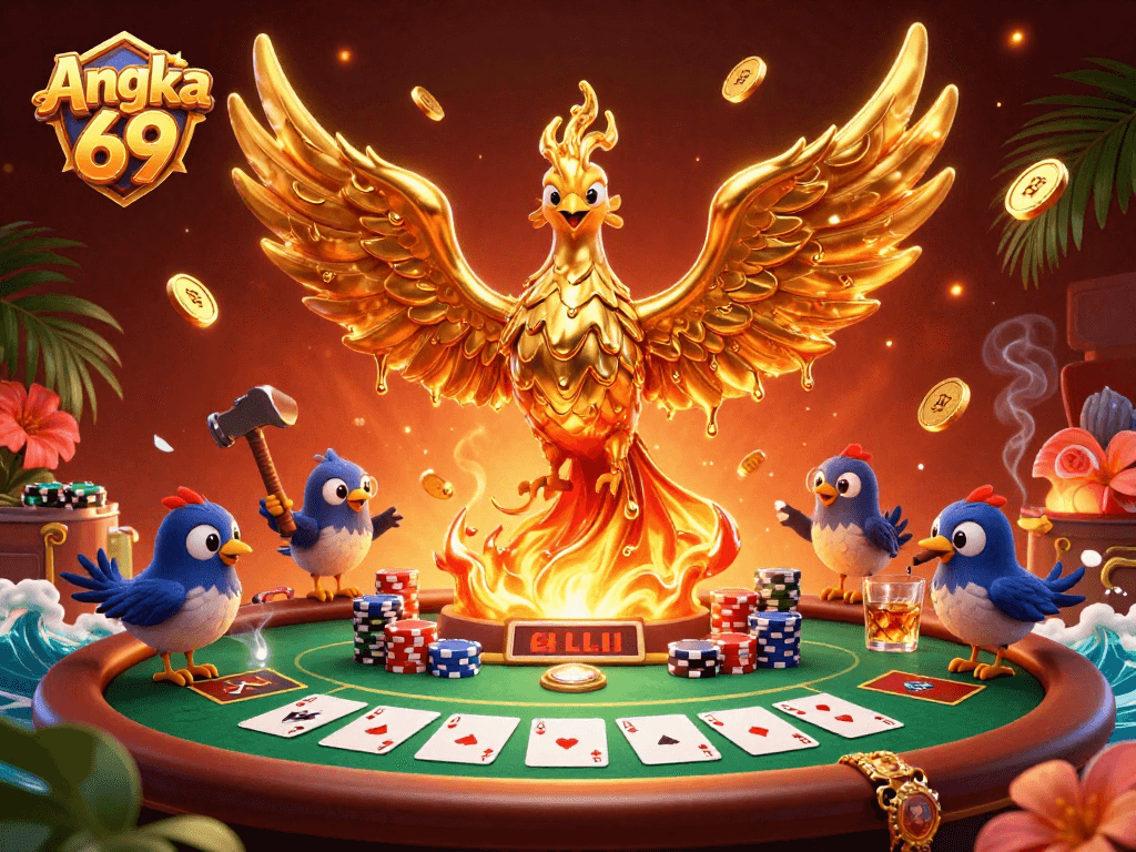 Experience thrilling wins at Angka 69 with a dynamic poker scene featuring a golden phoenix and vibrant game elements.