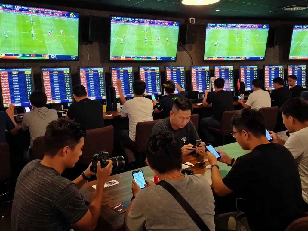 Excited bettors analyzing kèo bóng đá at a sports betting venue with lively football action on screens.
