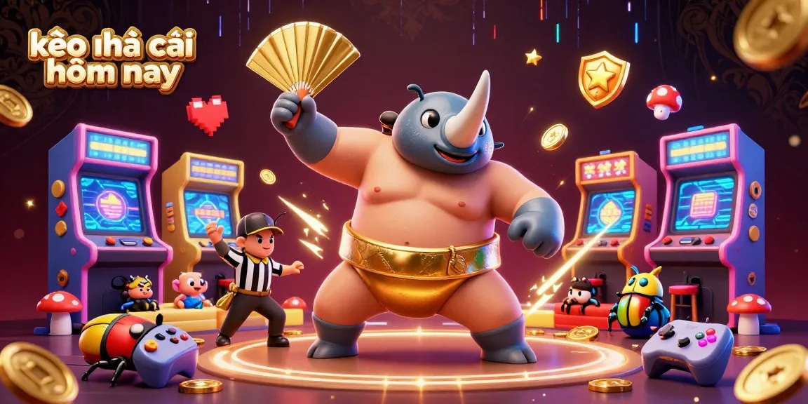 Bet on kèo nhà cái hôm nay as a rhinoceros beetle sumo champion stomps and sends coins flying in this vibrant illustration.