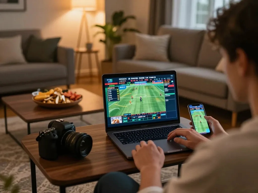 Hello88 online sports betting setup with a person engaged on a laptop, showcasing a cozy gaming atmosphere