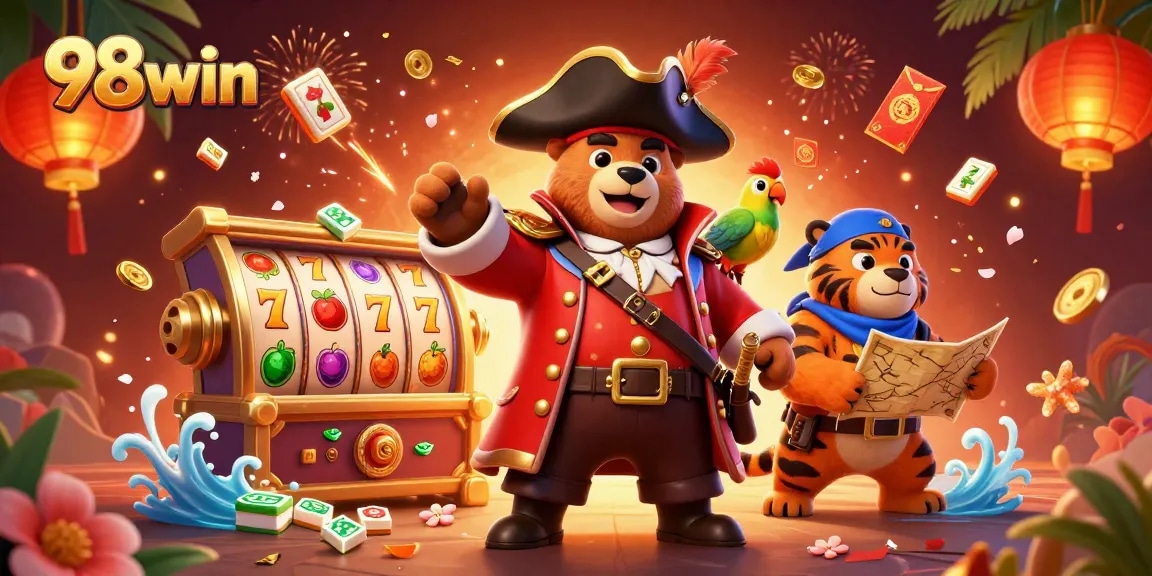 Win big with 98win in this vibrant casino scene featuring dynamic slot reels and energetic characters.
