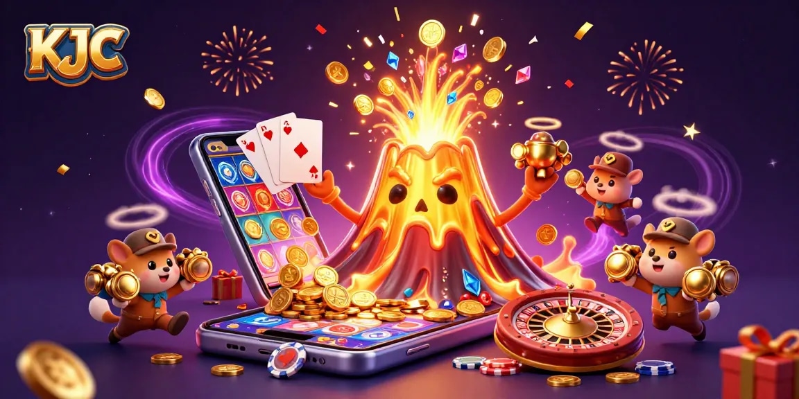 KJC captivates players with a vivid casino scene featuring a golden volcano erupting treasures and slot game action.