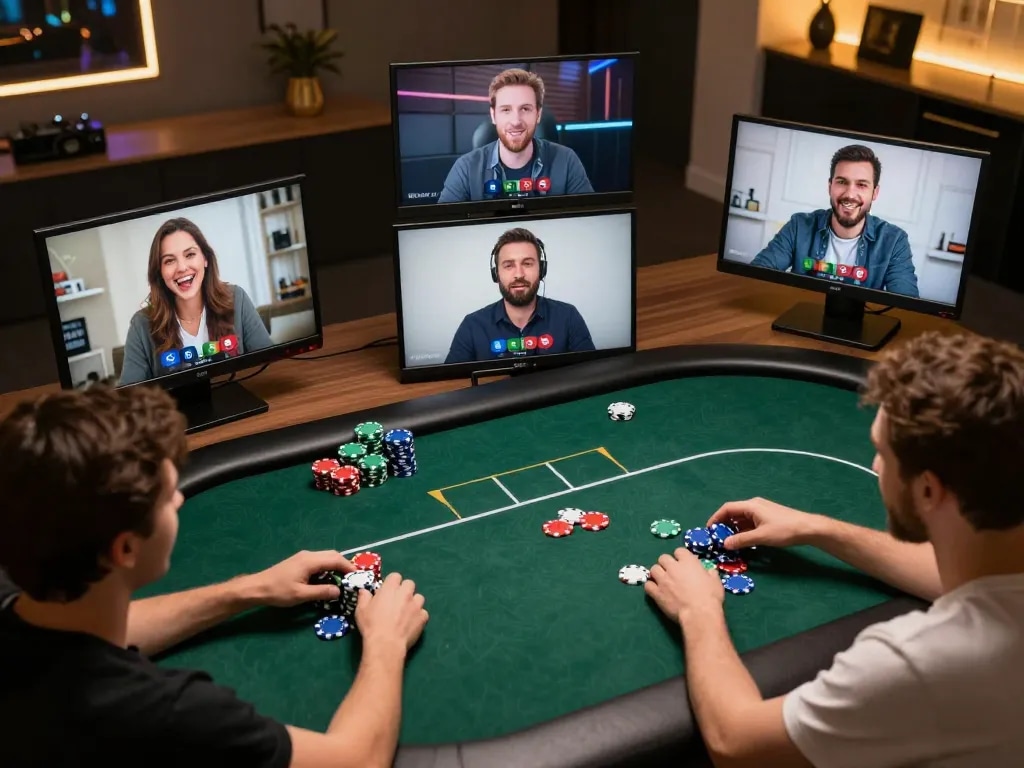 TG88 online poker game showcasing players in a competitive setup with colorful chips and digital interface