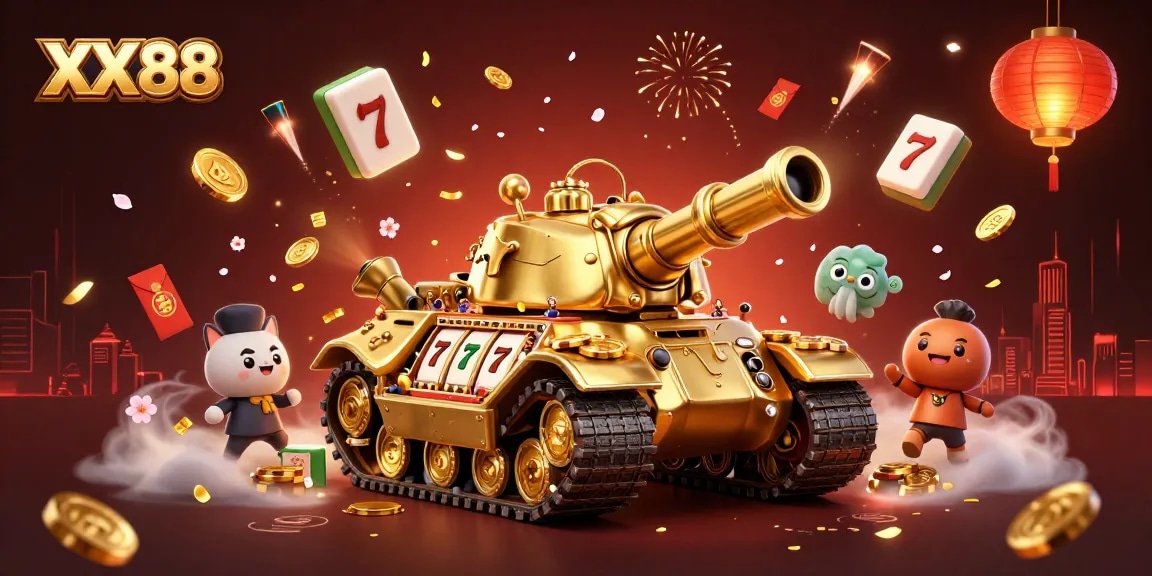 Experience the thrill of XX 88 with a vivid 3D casino illustration featuring winning slot elements and vibrant decorations.