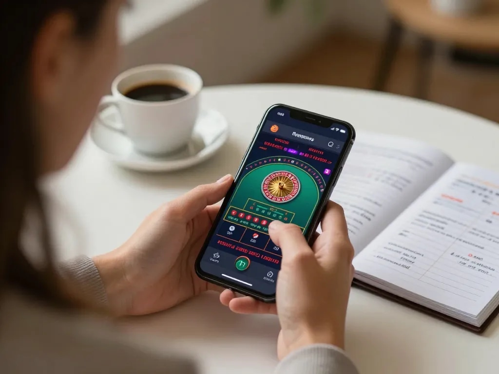 Player betting on TR88 roulette app in cozy home setting with strategic notes nearby.