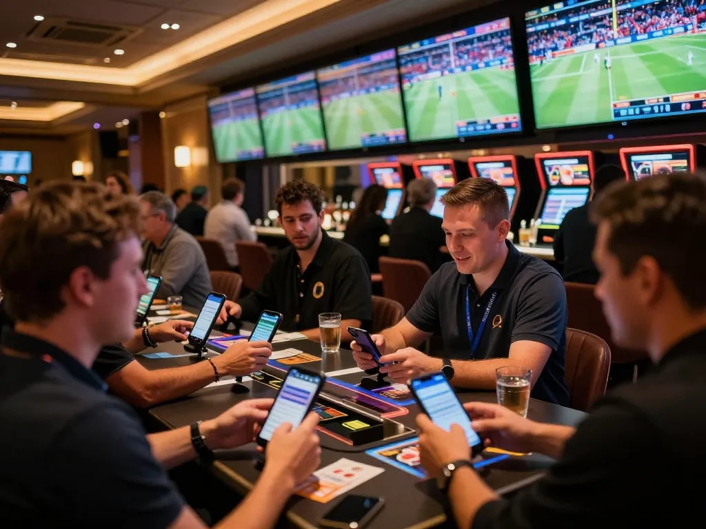 SBOBET bettors engaging actively in sports betting amidst vibrant casino atmosphere