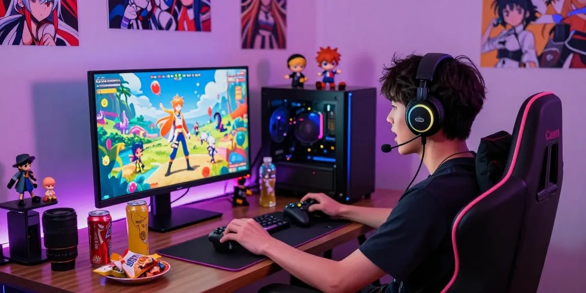 Engaged player enjoying a hentai game in a cozy gaming setup.