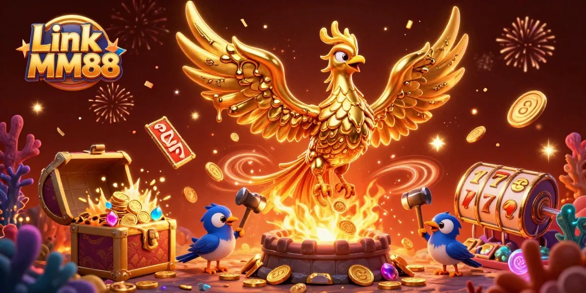 Experience thrilling wins with Link MM88's vibrant golden phoenix and magical casino elements.