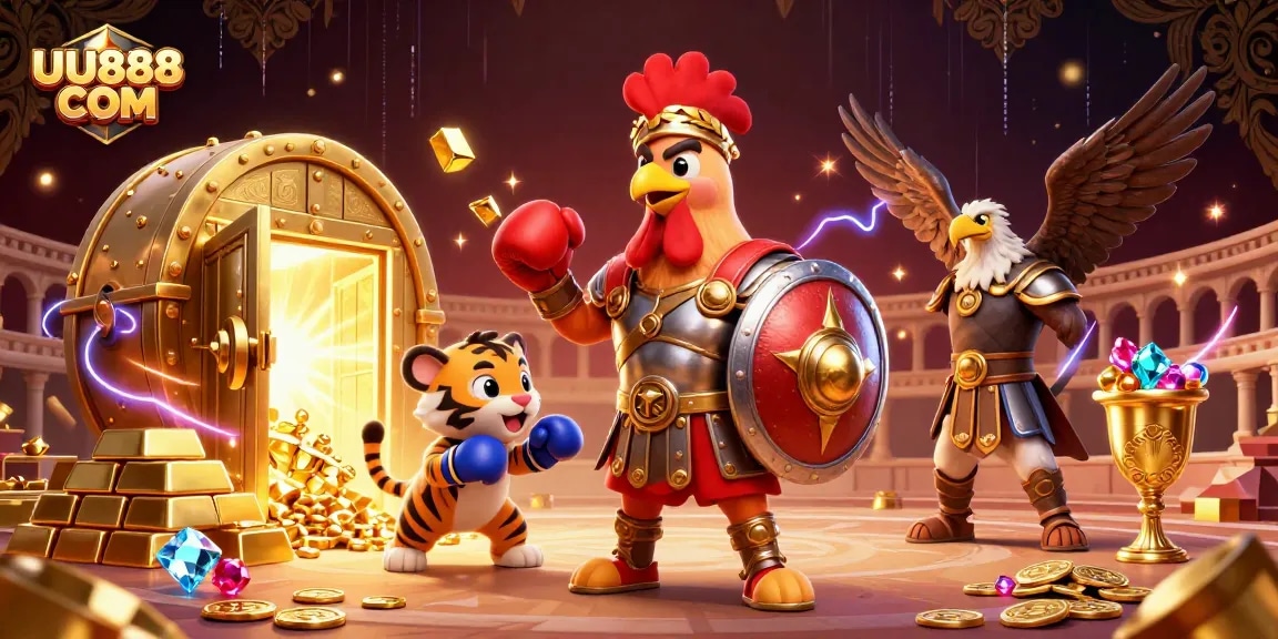 Experience thrilling action with UU888 COM, featuring a gladiator rooster in a vibrant casino arena.