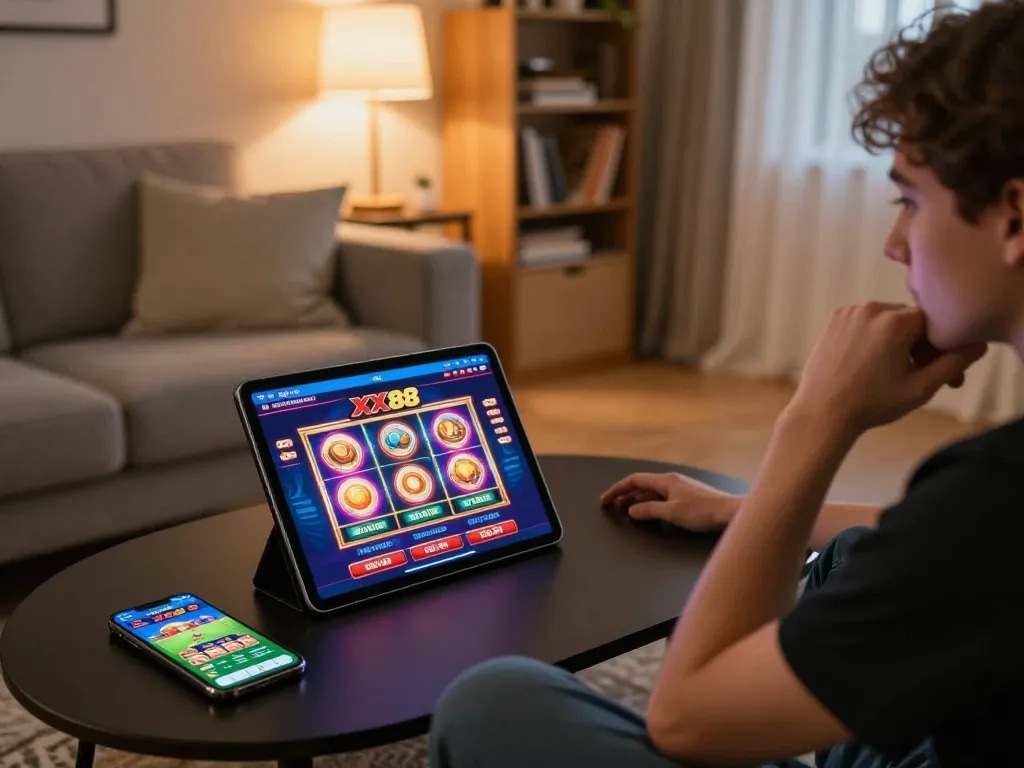 Engaged player accessing XX88 online casino on a tablet in a cozy home setting, highlighting strategic gameplay