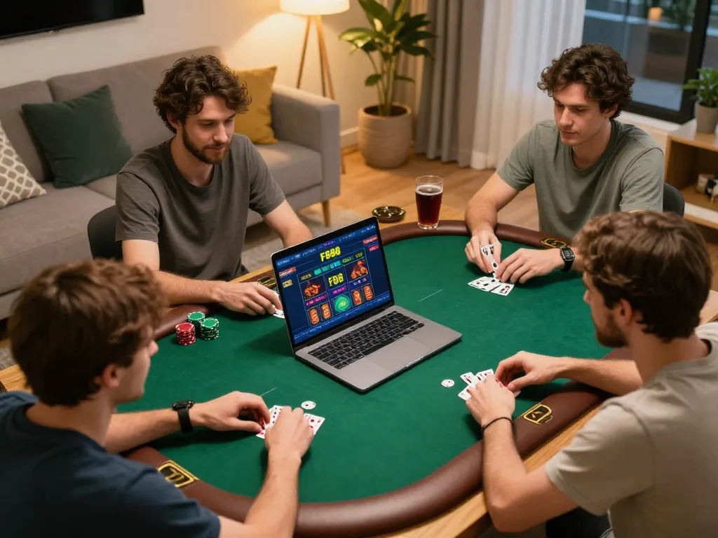 Player enjoying a thrilling online poker game on FB88 platform in a cozy home setting