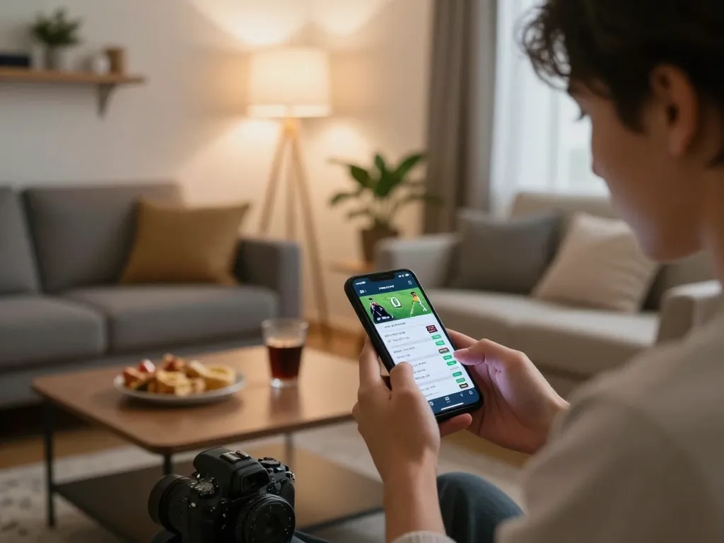 Engaging in live sports betting on 789win's mobile app during a cozy home evening
