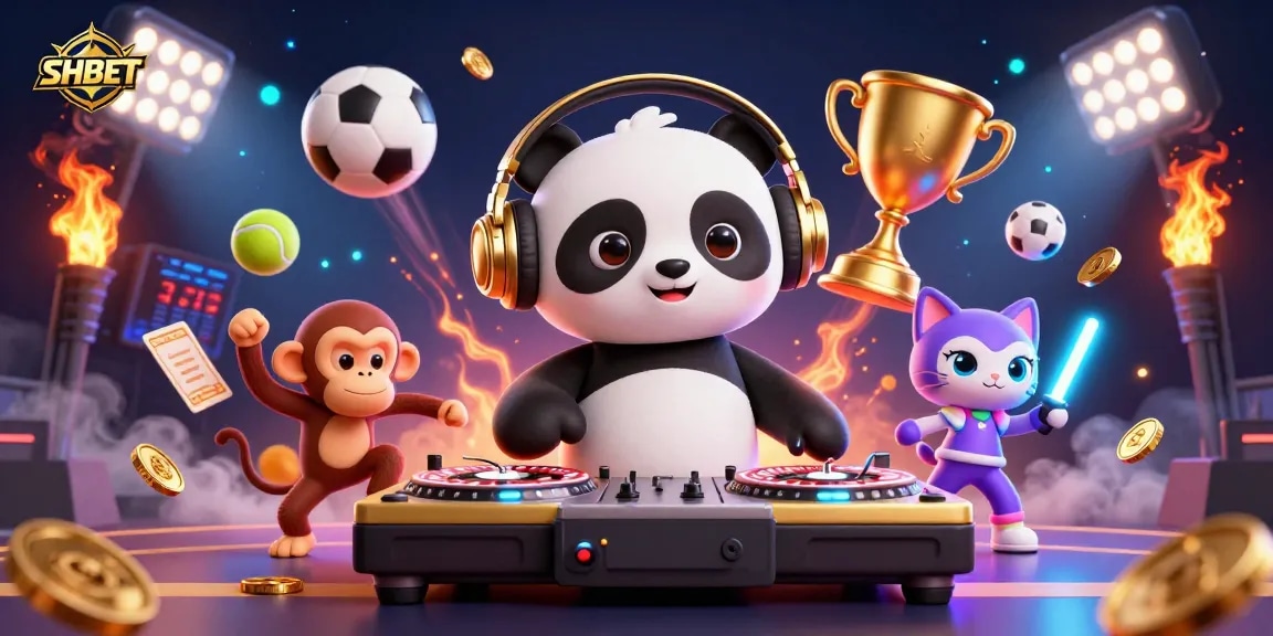 Experience winning at SHBET with a vibrant 3D digital illustration featuring casino-themed characters and gaming elements.