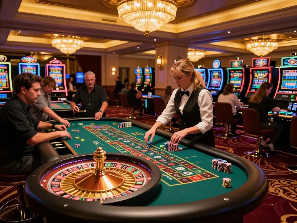 Players engage in thrilling roulette gameplay at vipwin, showcasing an upscale casino atmosphere with vibrant lighting.