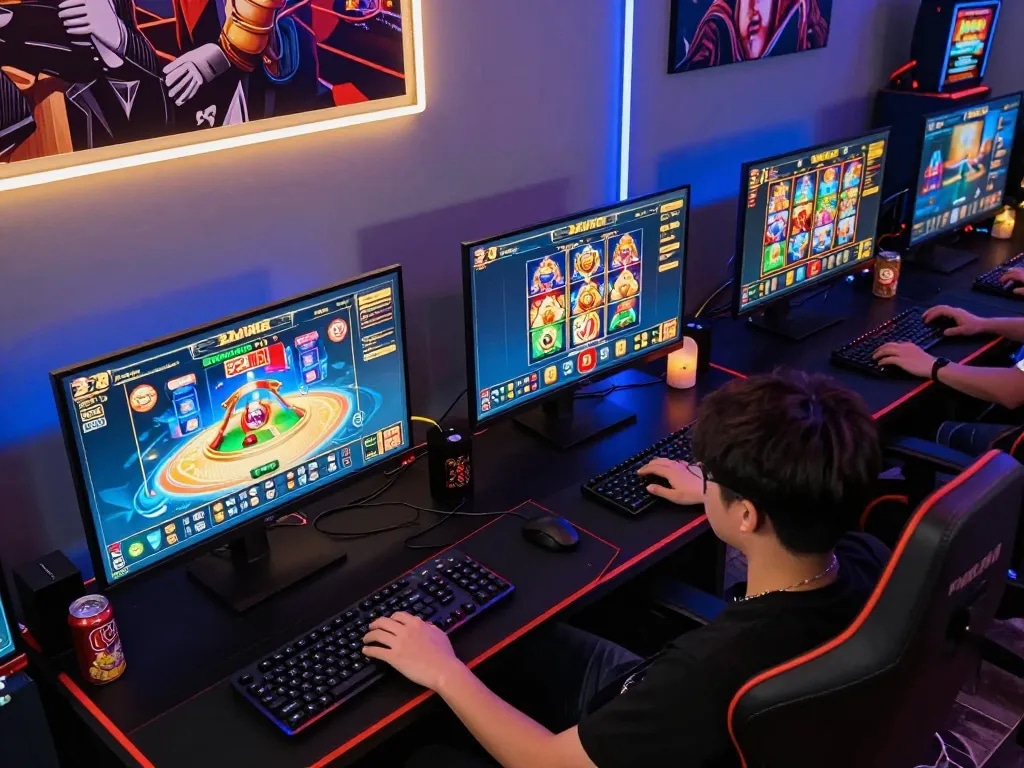 Player immersed in online gaming at 32win with multiple screens showing vibrant slots and live dealer games.