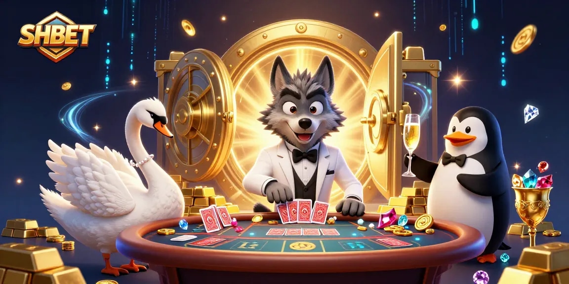 Experience thrilling gameplay at SHBET with a 3D wolf, swan, and penguin in a dynamic casino scene.