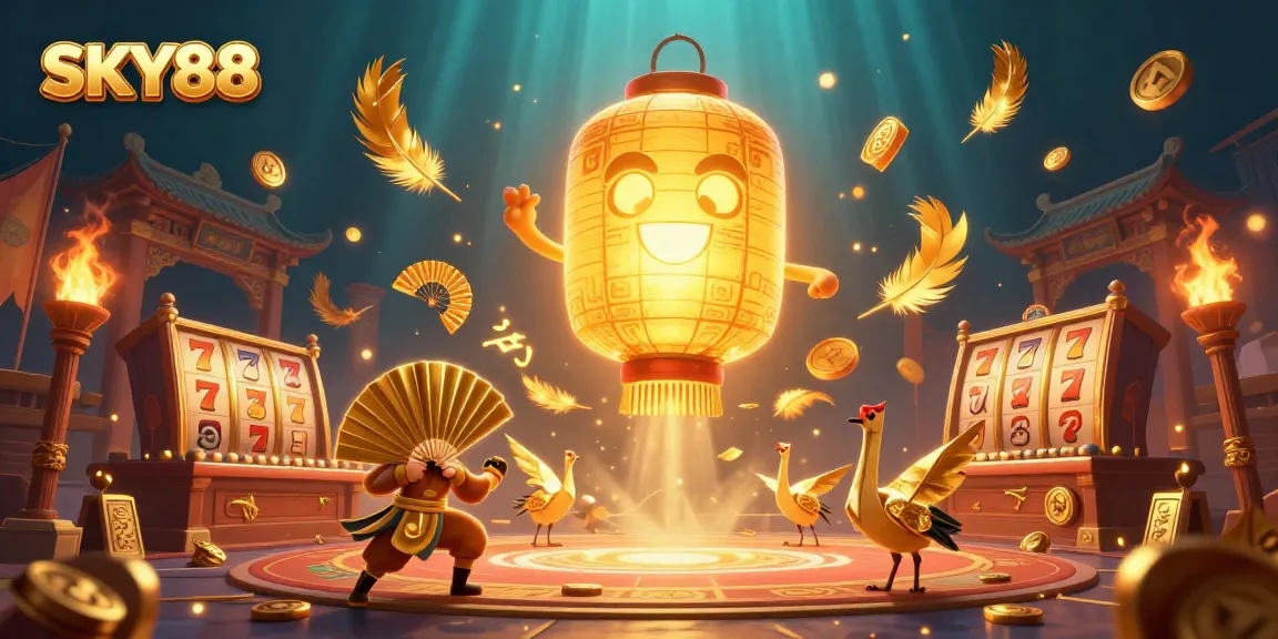 Experience SKY88's vibrant casino world filled with golden lantern spirits and slot games.