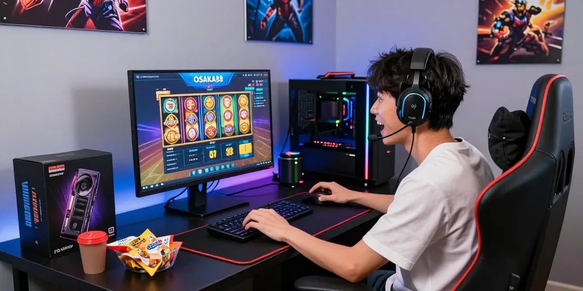Engaged player on OSAKA88 login screen with gaming setup, showcasing vibrant slots and jackpot excitement.