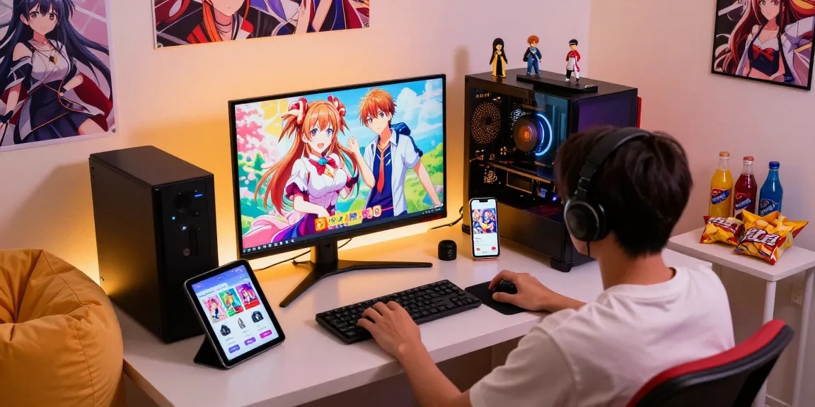 Player enjoying hentai games in a vibrant gaming setup with anime decor and devices.