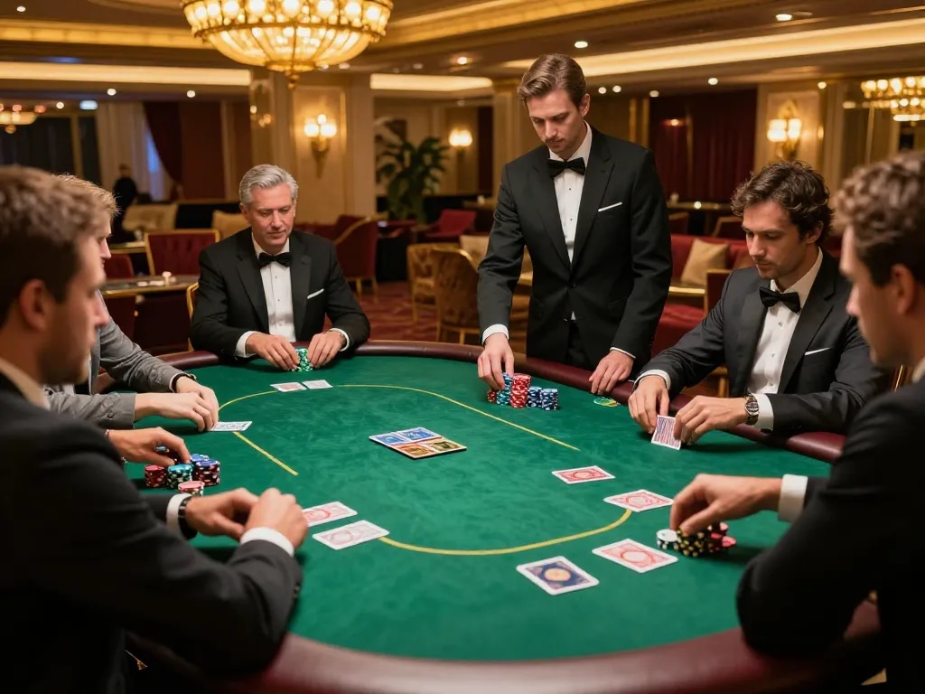 VIPwin players strategizing in an upscale poker game, showcasing high stakes and excitement