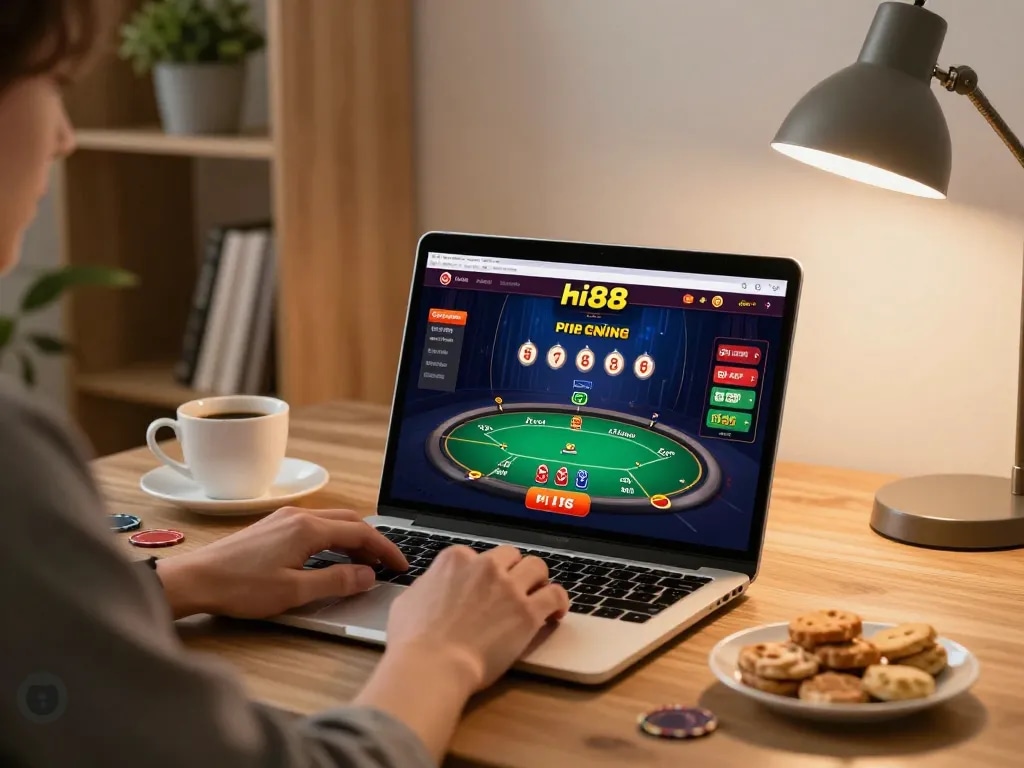 Player engaging with hi88 online casino from a cozy home workspace while enjoying snacks.