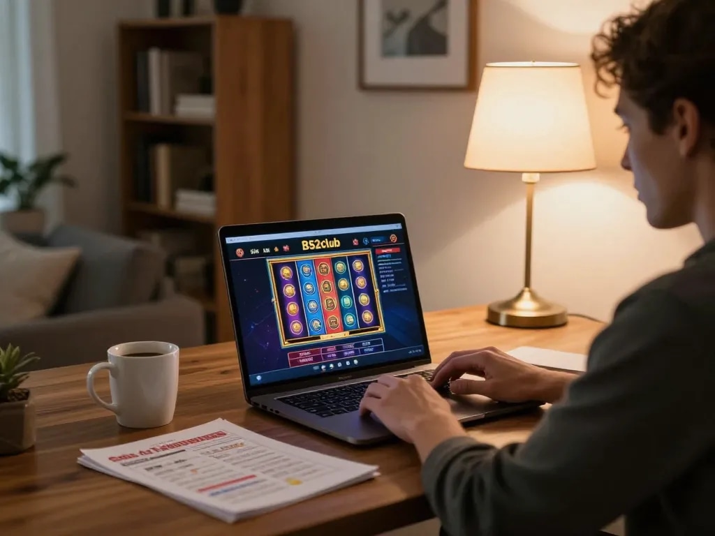 B52club player engaging with online slots on laptop at stylish home office