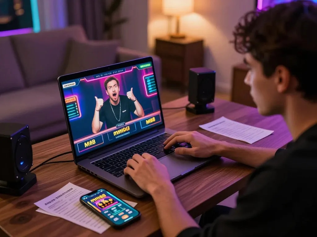 Engaged player using mm88 casino app on laptop for strategic online gaming.