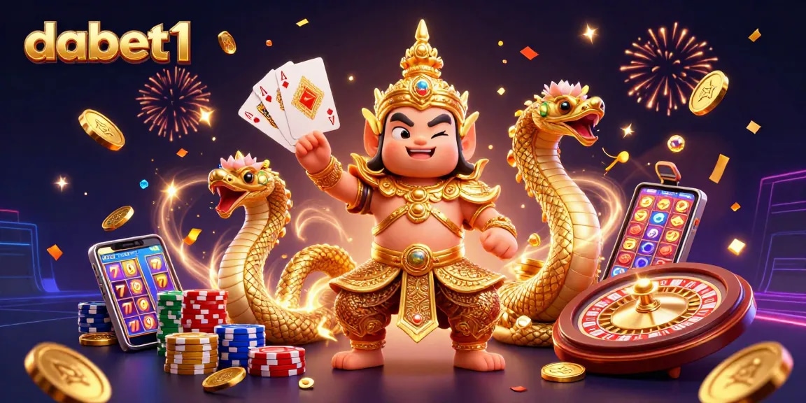 Engage with dabet1's vibrant casino scene featuring a guardian, Naga, and dazzling gaming elements.