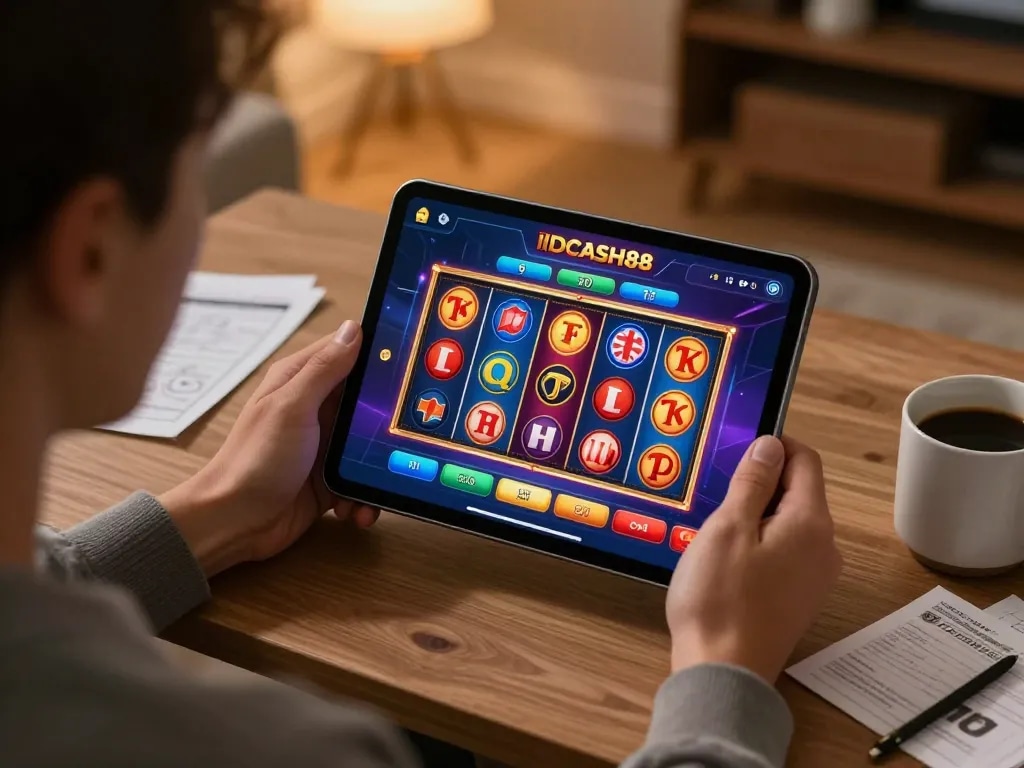 Engaged player enjoying IDCASH88 online casino gaming on a tablet in a cozy home setting.