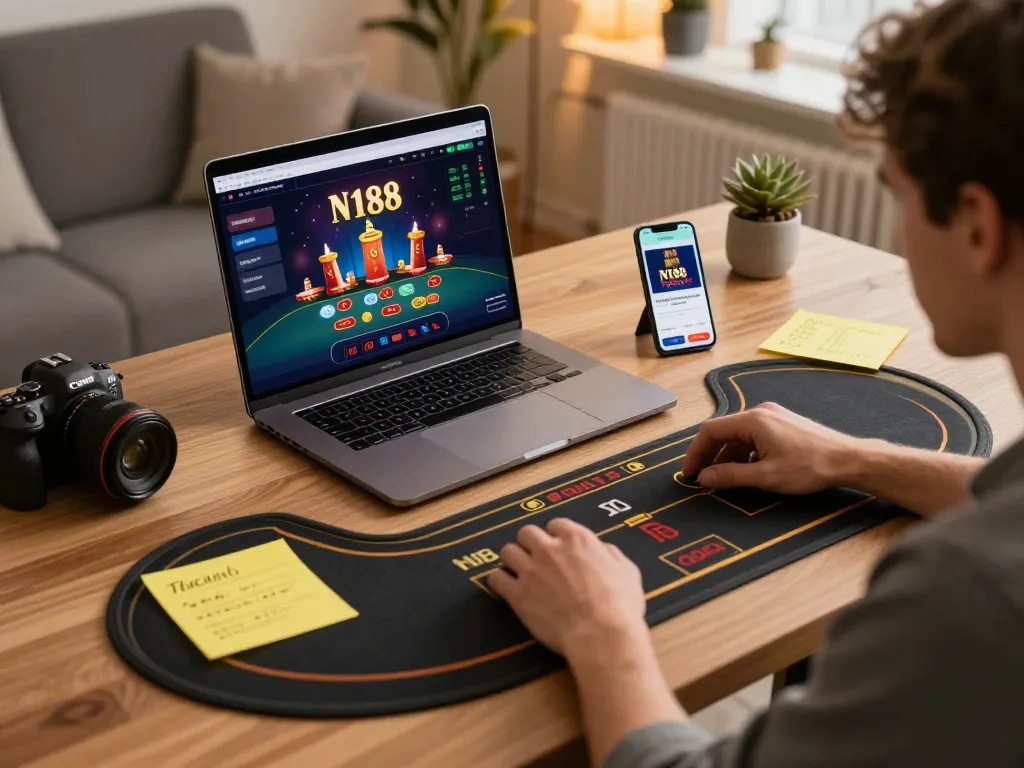 N188 player engaging in a live dealer game at home, showcasing responsible gaming and strategic betting.