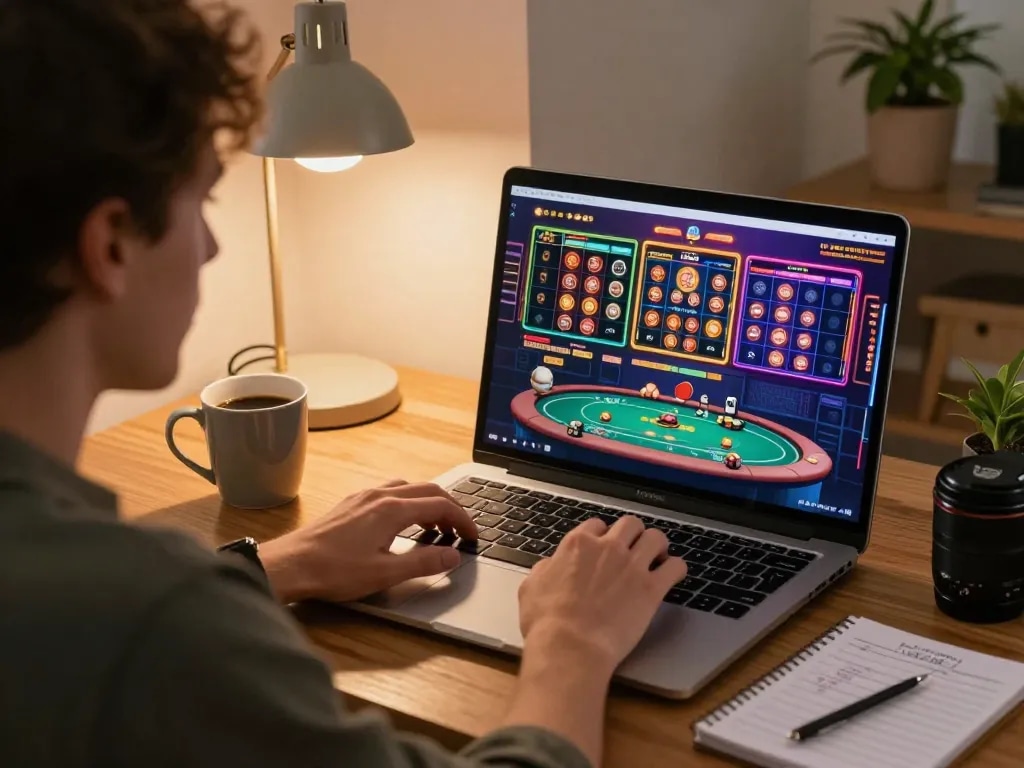 UU88 online gaming scene with player focused on laptop, showcasing colorful casino interface