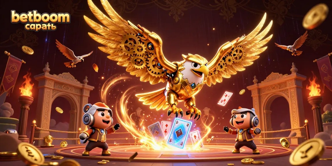 Engage with betboom скачать in a dynamic scene featuring a cybernetic eagle and holographic cards.