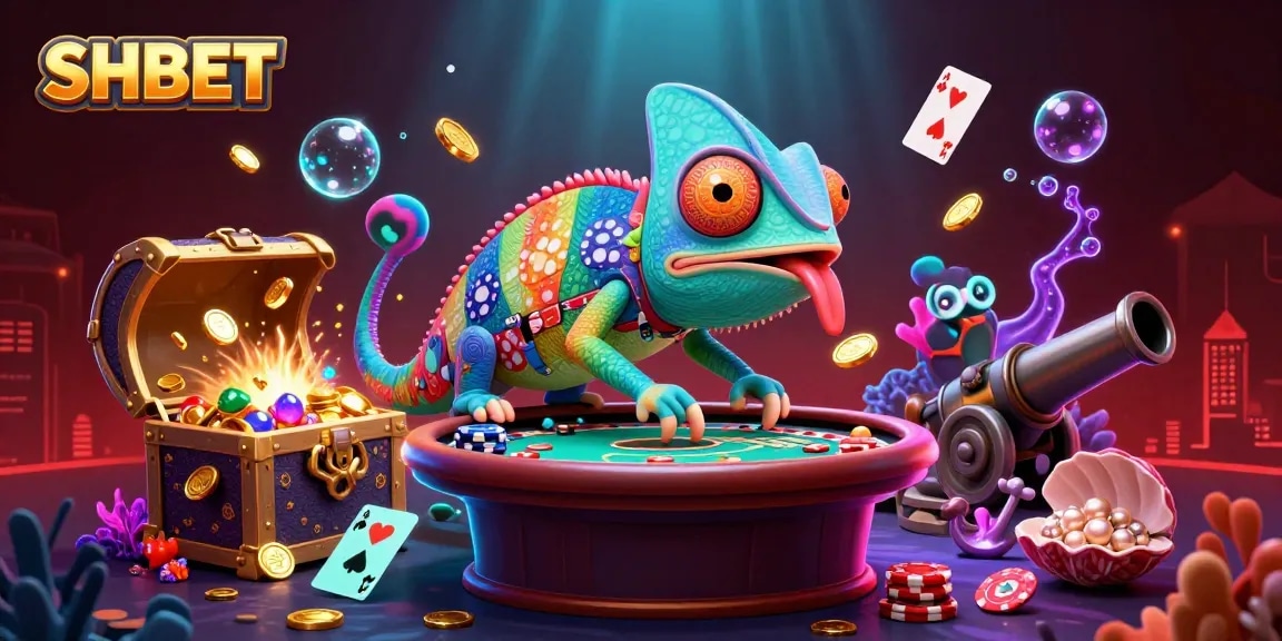 SHBET casino owner chameleon immerses in vibrant gambling scene with dynamic treasures.
