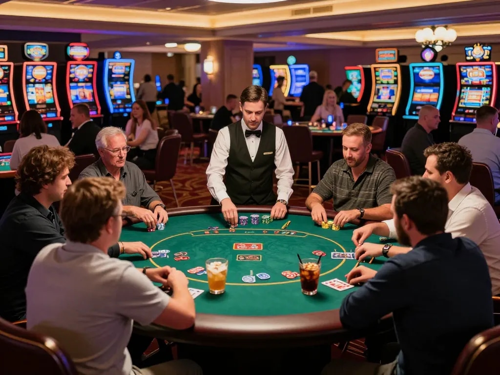 Players engaging in strategic gameplay at SC88e's upscale poker table in a vibrant casino.