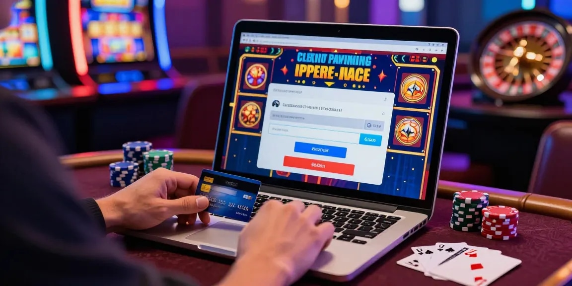 Online casino scene with a player at https://scoarch.org.uk using a credit card for fast deposits amidst colorful slot graphics and poker chips.