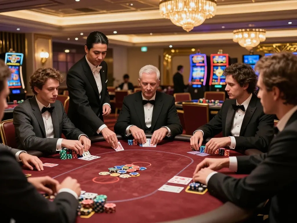 Players competing in a high-stakes poker game at a luxurious casino featuring the keyword 5679.