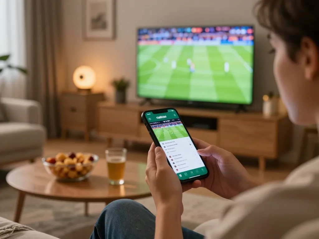 Engaged user streaming live matches on cakhia tv app in a cozy home setting.