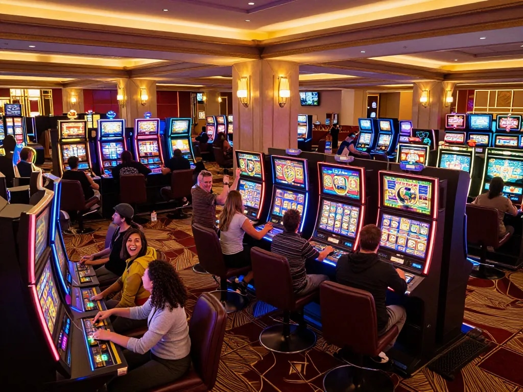 Players enjoying vibrant slot machines at 99ok casino, celebrating exciting wins with lively expressions