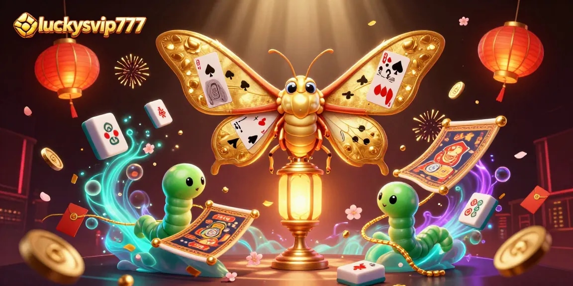 Experience luckysvip777 with golden moths, casino elements, and vibrant energy in this captivating scene.