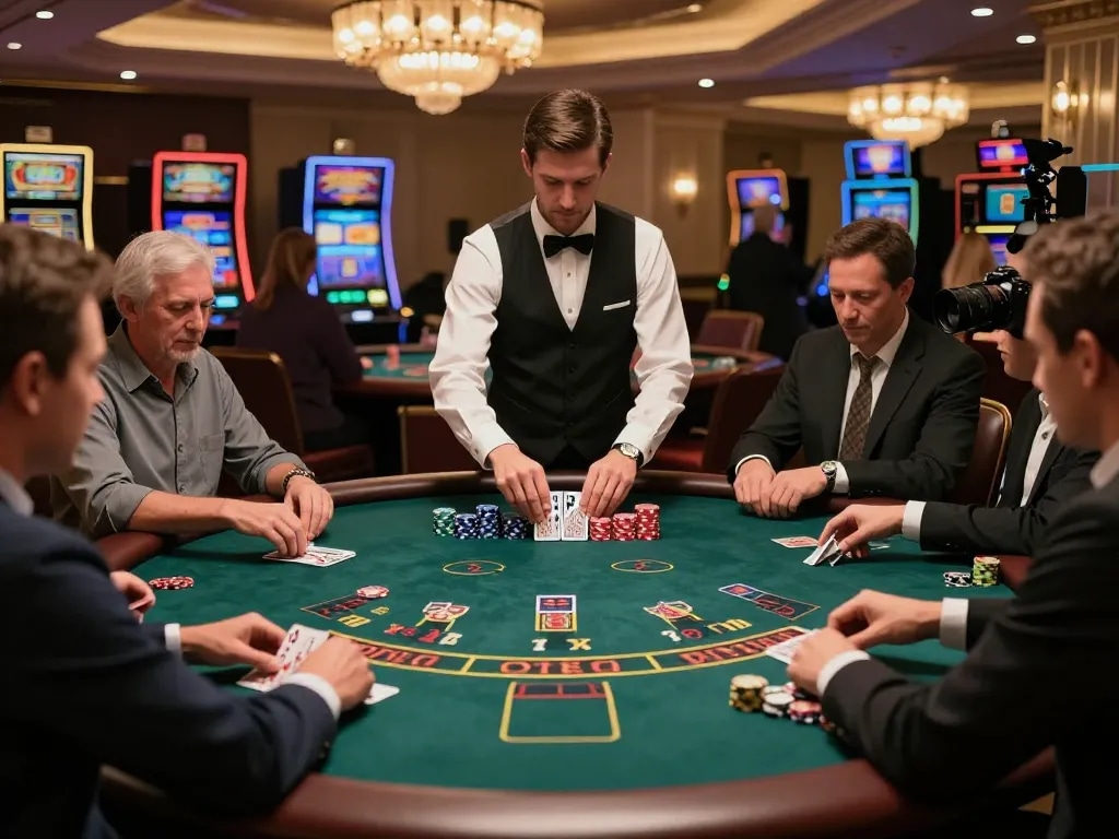 Players engaging in a strategic blackjack game at F88bet casino table with vibrant ambiance.