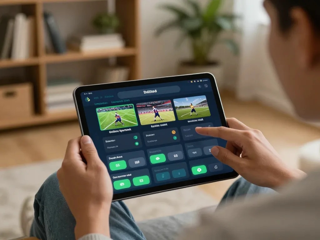 Engaging scene of a user placing a bet on the 789win sports betting app from a cozy living room, showcasing excitement and strategic gameplay.