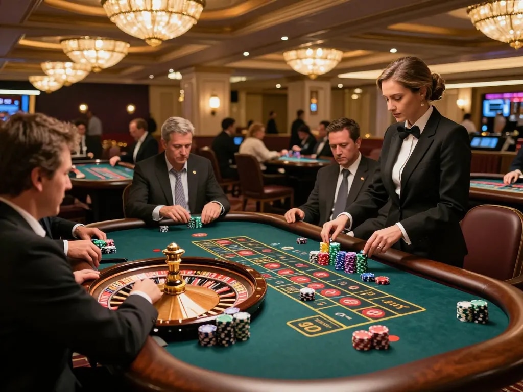 Players placing bets at a roulette table in an upscale casino environment showcasing mpoid excitement and strategy.