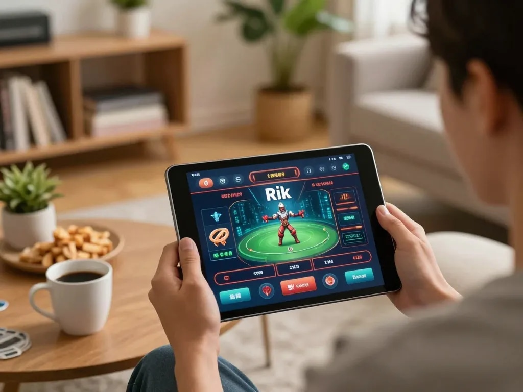 Engaging in online gaming on rik vip platform, showcasing a cozy home environment for responsible gambling.