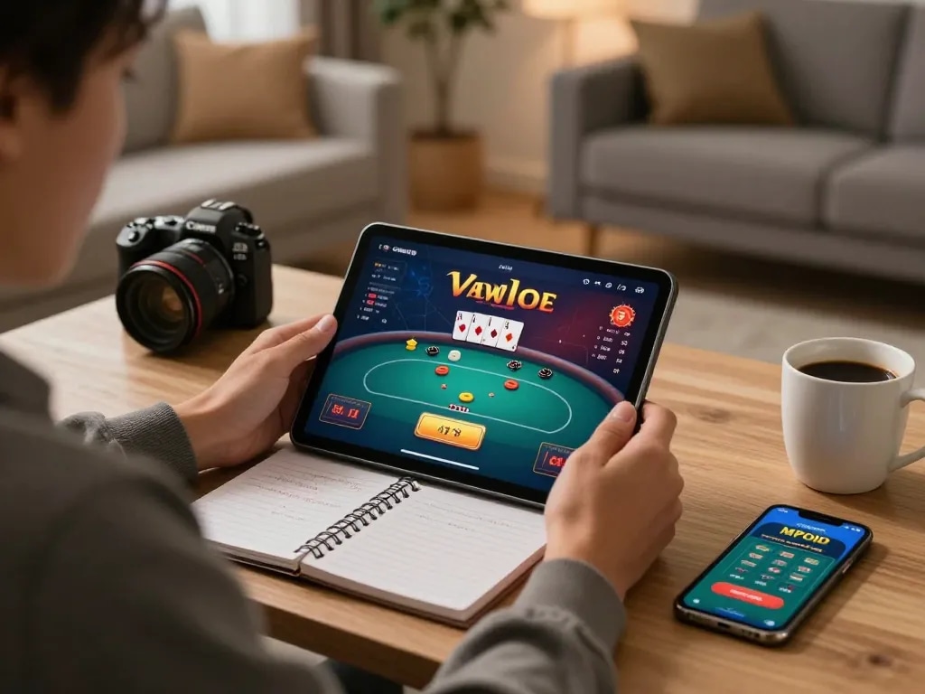 Engaging in online casino gaming with MPOID app on tablet in a cozy home environment.