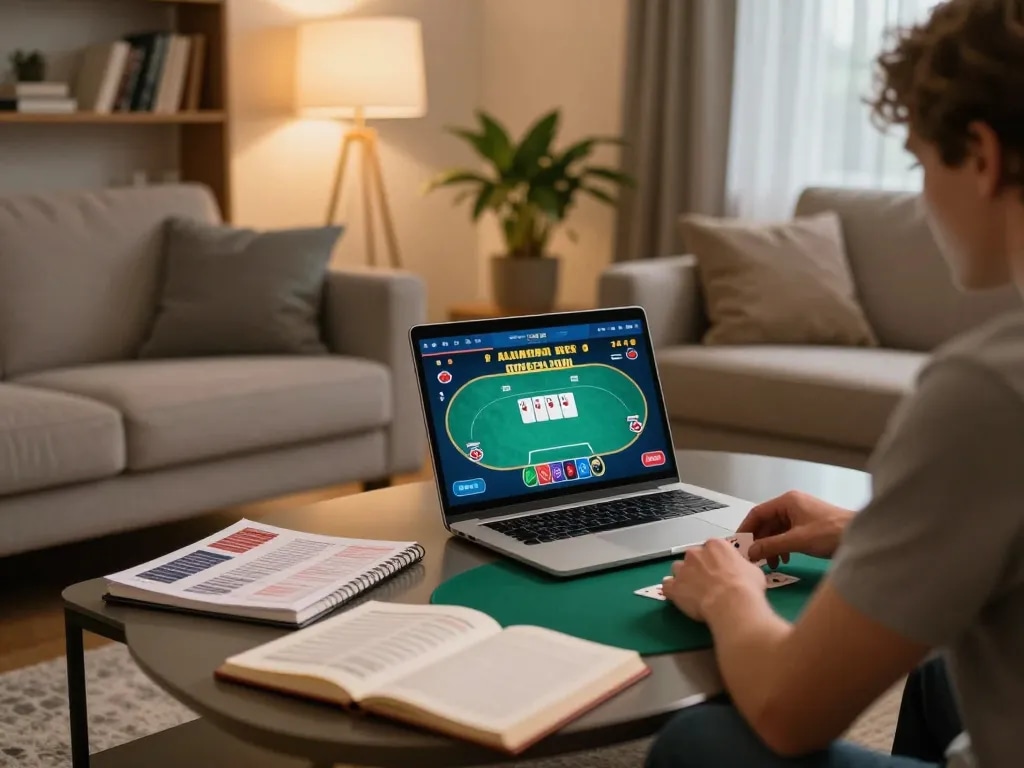 Player enjoying kkwin poker game at home with strategy notebook on coffee table.