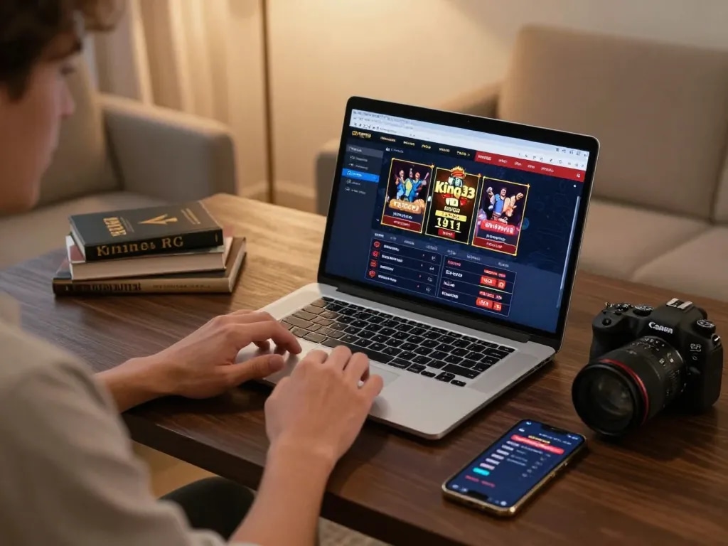 Player engaging with the king33 online casino, focused on betting strategy at home, creating a strategic gaming atmosphere.