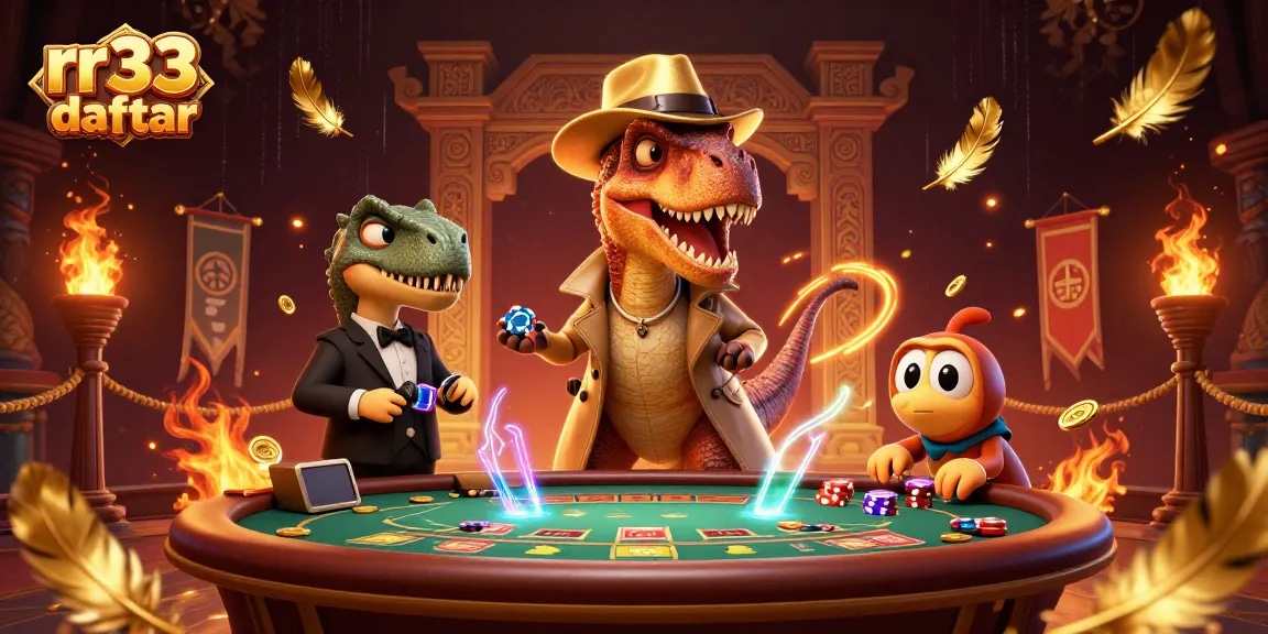Play rr33 daftar at a vibrant casino scene featuring animated characters in a card game.