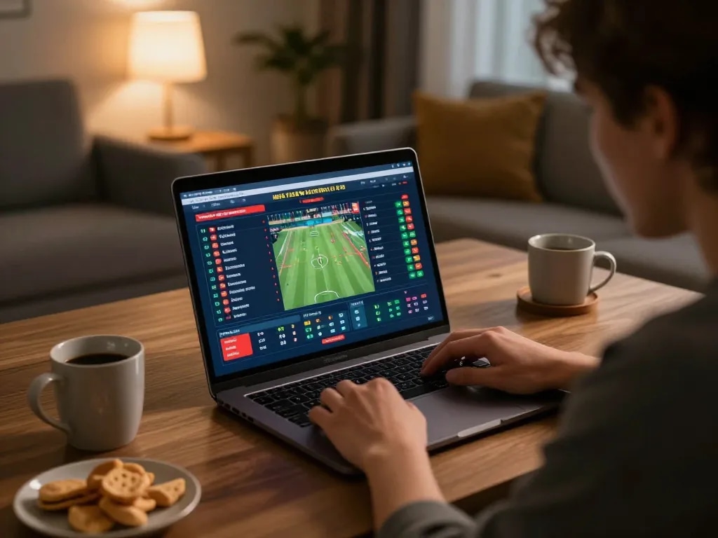 MM88 user analyzing odds during an online sports betting session at home, laptop screen visible