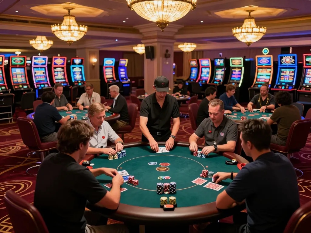 Exciting poker action at nhà cái mb66 with players and vibrant casino atmosphere near slot machines.